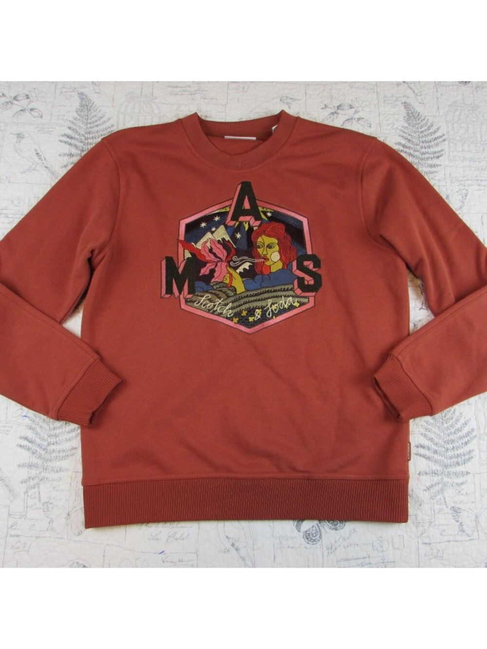 NEW Scotch & Soda Embroidered Graphic Crew Neck Rust Sweatshirt  mens L
